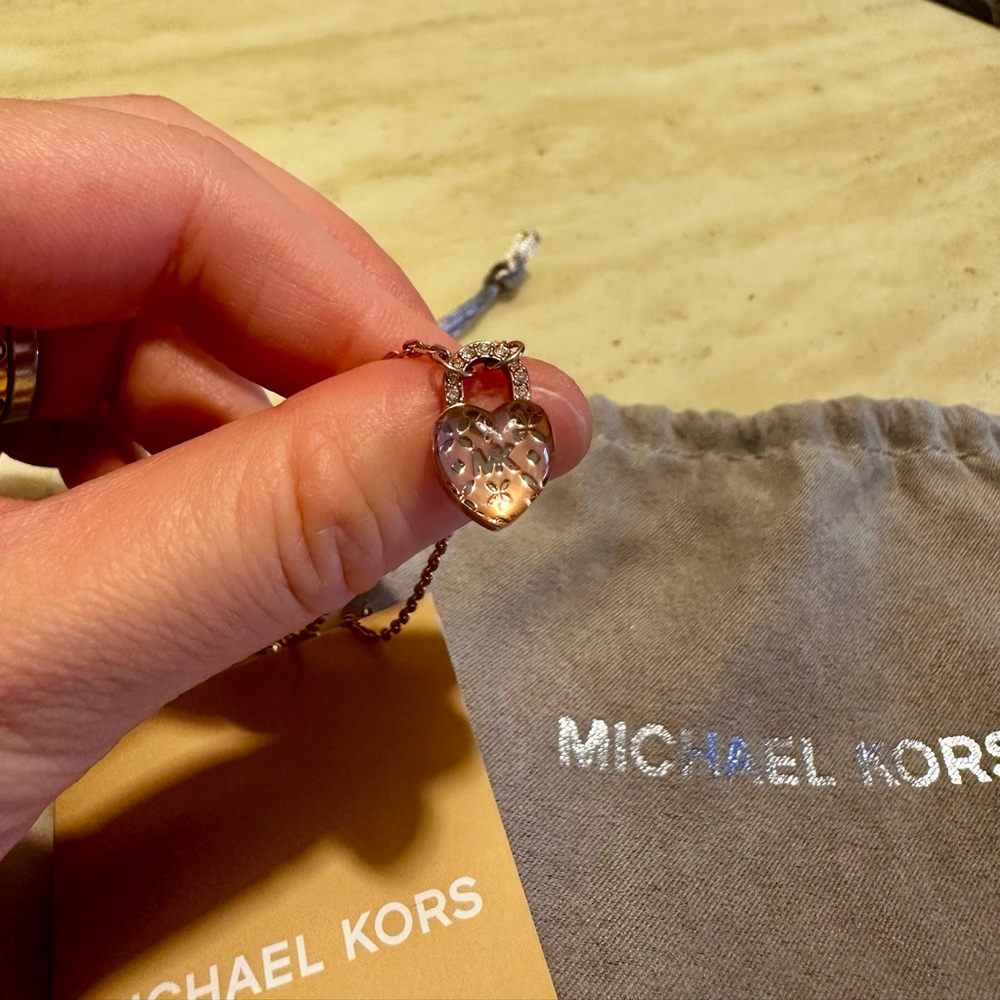 Brand New Michael Kors Heart Lock Necklace with Crystals~